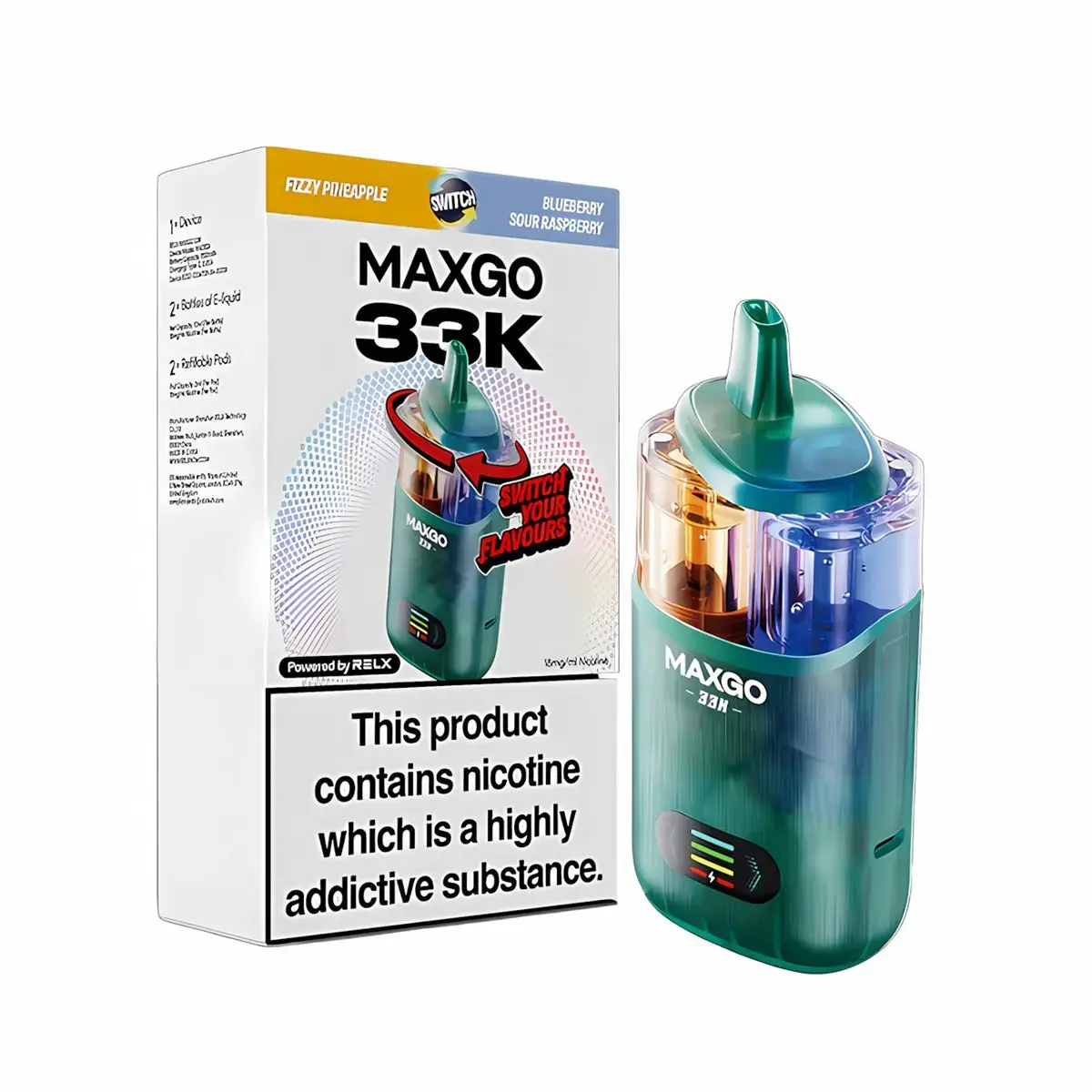 Fizzy Pineapple / Blueberry Sour Raspberry RELX Maxgo Combo 33K Prefilled Pod Vape Kit
